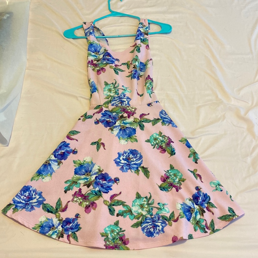 Pink and floral A line cross back dress.